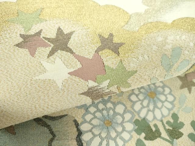 平和屋着物●爪掻き本綴れ　八寸名古屋帯　雲取り花文　金糸　正絹　逸品　DABD1717ps