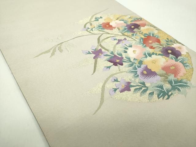 平和屋着物●爪掻き本綴れ　八寸名古屋帯　草花文　金糸　正絹　逸品　DABD1719ps
