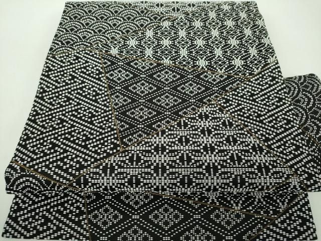 平和屋着物●九寸名古屋帯 刺し子 総刺繍 切嵌文様 黒地 正絹 逸品 未使用 DABD1723ps