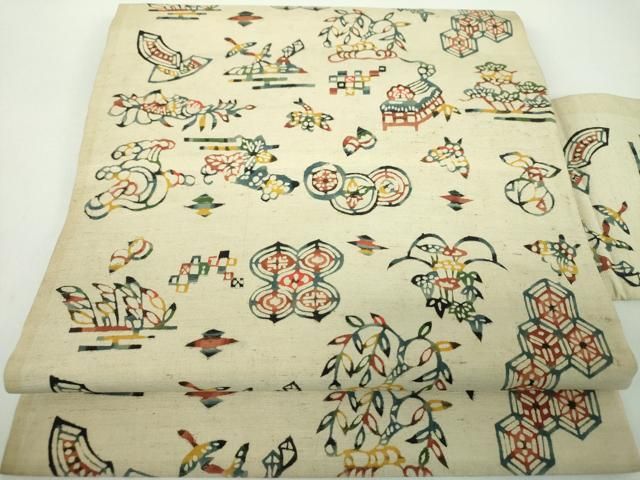 平和屋着物●九寸名古屋帯　紬地　紅型　吉祥花鳥文　正絹　逸品　DABD1724ps