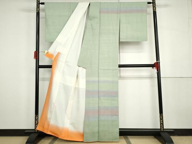 平和屋着物●訪問着　紅花紬　米沢　横段文　正絹　逸品　AABH3621cs