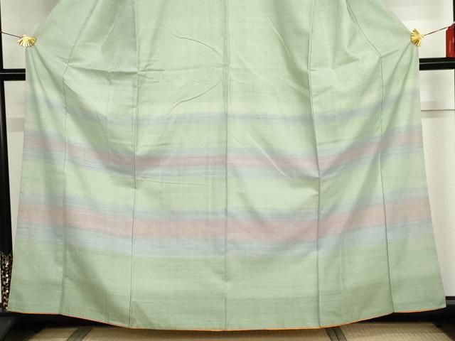 平和屋着物●訪問着　紅花紬　米沢　横段文　正絹　逸品　AABH3621cs