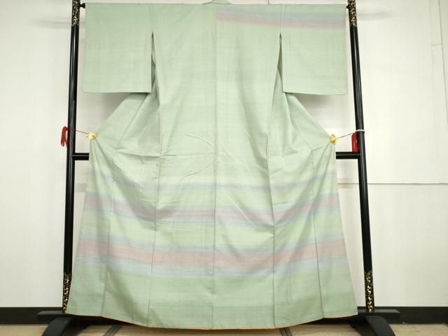 平和屋着物●訪問着 紅花紬 米沢 横段文 正絹 逸品 AABH3621cs