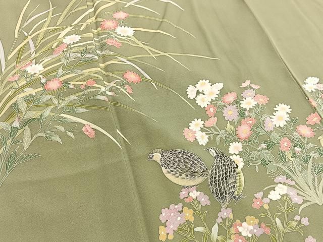 平和屋着物●訪問着　友禅　うずら草花文　　正絹　逸品　BAAW7604hv