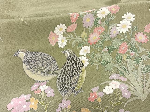 平和屋着物●訪問着　友禅　うずら草花文　　正絹　逸品　BAAW7604hv