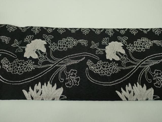 平和屋着物▽世界的友禅作家　千地泰弘　九寸名古屋帯　スリーシーズン　春夏秋　草花間道　黒地　銀糸　正絹　逸品　DABD1729ps