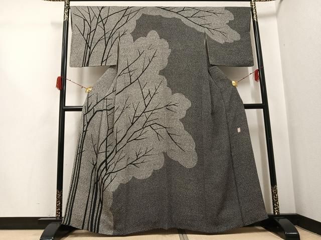 平和屋着物●二代目 川村久太郎　訪問着　樹林文　黒地　正絹　逸品　AABH3123ph