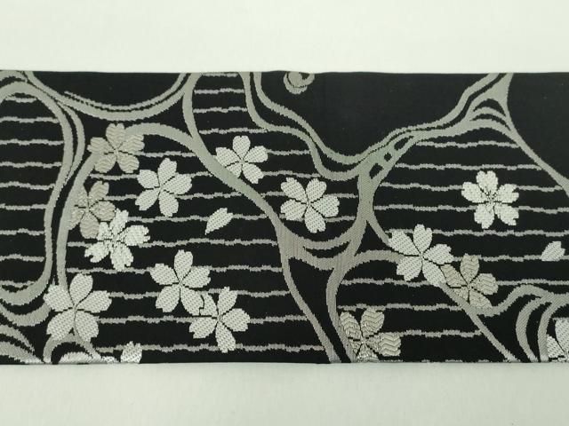 平和屋着物●九寸名古屋帯　流水桜　黒地　銀糸　正絹　逸品　DABD1731ps