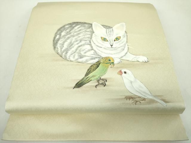 平和屋着物●九寸開き名古屋帯 作家物 手描き 猫 インコ ますいわ屋扱い 正絹 逸品 DABD1732ps