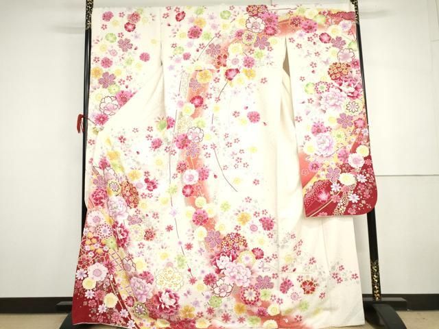 平和屋着物●豪華振袖　刺繍　花蝶文　暈し染め　金糸　金銀彩　銀通し地　正絹　逸品　AABH3626cs