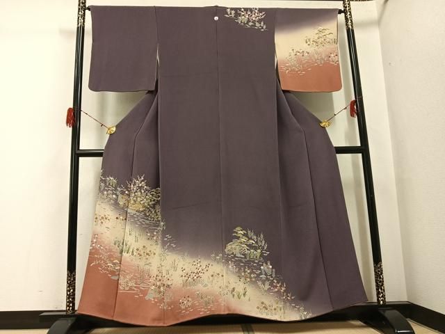 平和屋着物●訪問着　友禅　駒刺繍　流水草花文　暈し染め　金彩　鬼しぼ縮緬　正絹　逸品　AABH3130ph