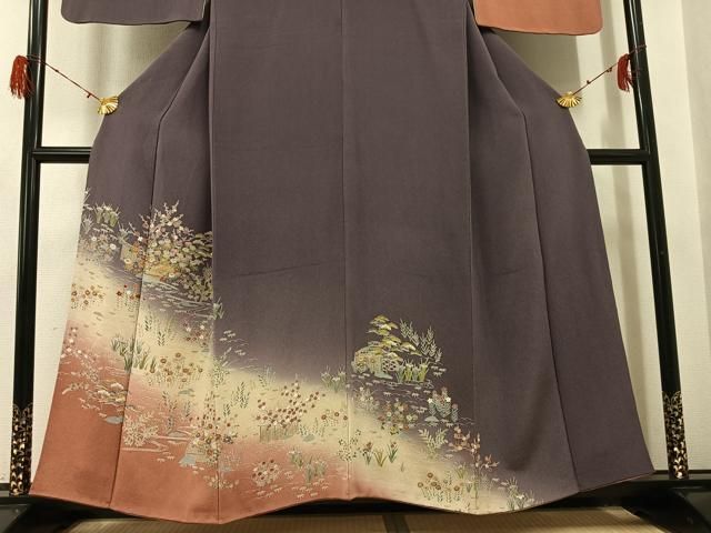 平和屋着物●訪問着 友禅 駒刺繍 流水草花文 暈し染め 金彩 鬼しぼ縮緬 正絹 逸品 AABH3130ph 平和屋着物●訪問着 友禅 駒刺繍 流水草花文 暈し染め 金彩 鬼しぼ縮緬 正絹 逸品 AABH3130ph