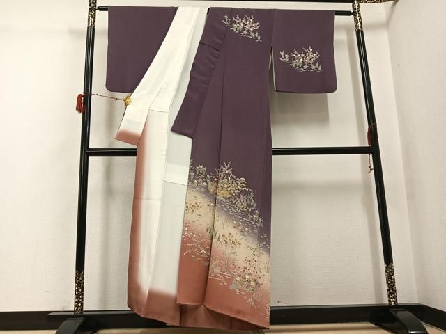 平和屋着物●訪問着 友禅 駒刺繍 流水草花文 暈し染め 金彩 鬼しぼ縮緬 正絹 逸品 AABH3130ph 平和屋着物●訪問着 友禅 駒刺繍 流水草花文 暈し染め 金彩 鬼しぼ縮緬 正絹 逸品 AABH3130ph