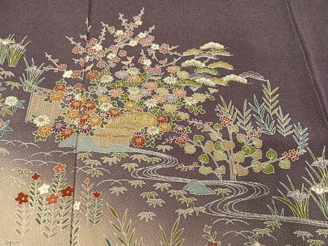 平和屋着物●訪問着 友禅 駒刺繍 流水草花文 暈し染め 金彩 鬼しぼ縮緬 正絹 逸品 AABH3130ph 平和屋着物●訪問着 友禅 駒刺繍 流水草花文 暈し染め 金彩 鬼しぼ縮緬 正絹 逸品 AABH3130ph
