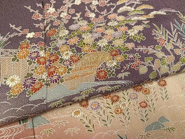 平和屋着物●訪問着 友禅 駒刺繍 流水草花文 暈し染め 金彩 鬼しぼ縮緬 正絹 逸品 AABH3130ph 平和屋着物●訪問着 友禅 駒刺繍 流水草花文 暈し染め 金彩 鬼しぼ縮緬 正絹 逸品 AABH3130ph