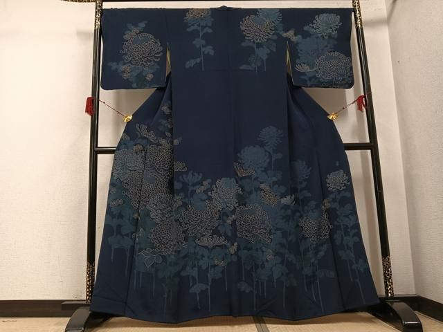 平和屋着物●訪問着 作家物 正道 藍 菊 金彩 正絹 逸品 AABH3131ph