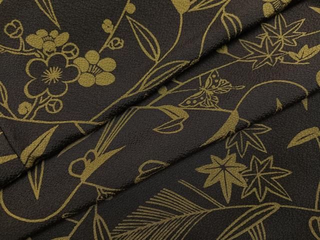 平和屋着物●上質な小紋　型染め　草花舞蝶文　黒緑色　正絹　逸品　AABH3135ph