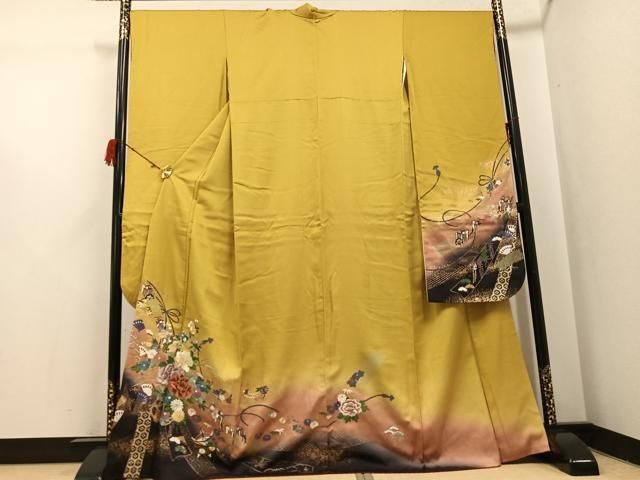 平和屋着物●豪華振袖　駒刺繍　御所車檜扇花文　暈し染め　金彩　正絹　逸品　AABH3155ph