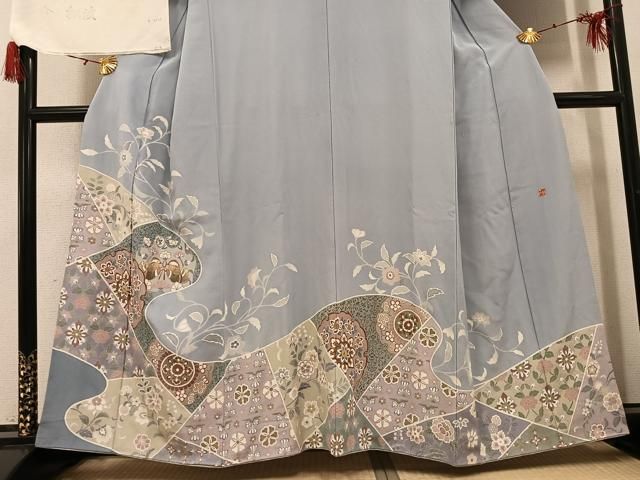 平和屋着物●訪問着　友禅　作家物　駒刺繍　更紗鴛鴦花文　金彩　浜ちりめん　反端付き　正絹　逸品　AABH3804ph