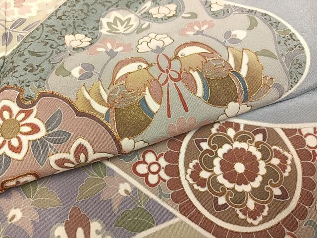 平和屋着物●訪問着　友禅　作家物　駒刺繍　更紗鴛鴦花文　金彩　浜ちりめん　反端付き　正絹　逸品　AABH3804ph