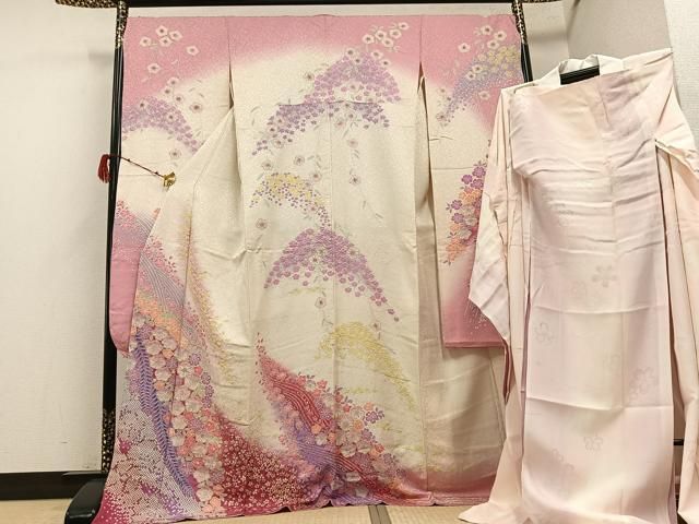 平和屋着物●豪華振袖・長襦袢(袷)セット　辻が花　暈し染め　銀通し地　ロング丈　正絹　逸品　AABH3811ph