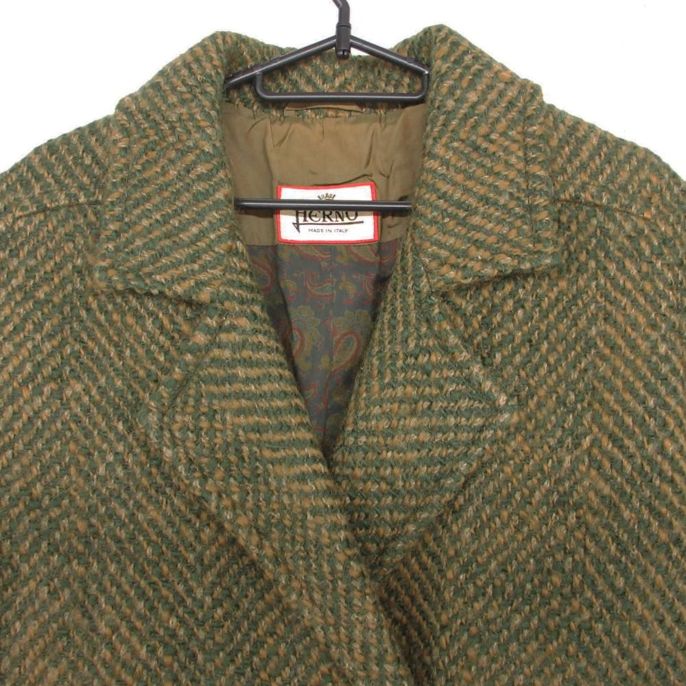 Herno ヘルノ コート ヴィンテージ ツイード アウター ロング グリーン 40【M】 レディース 【中古】