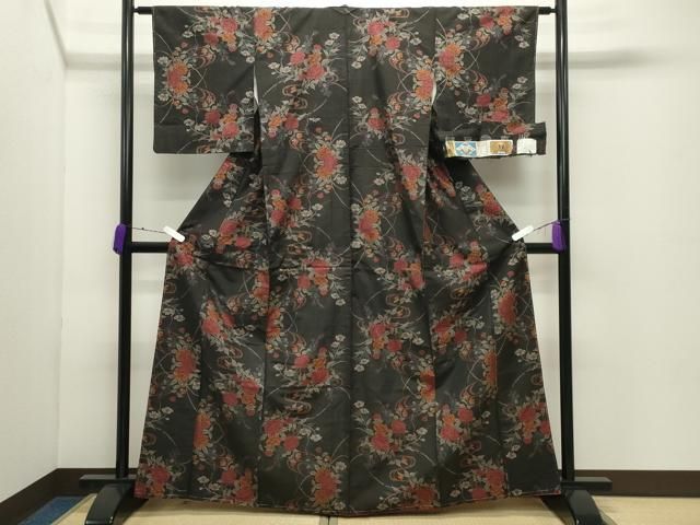 平和屋着物●本場大島紬 9マルキ 泥染め 流水草花文 証紙付き 正絹 逸品 CABD8987gh 平和屋着物●本場大島紬 9マルキ 泥染め 流水草花文 証紙付き 正絹 逸品 CABD8987gh