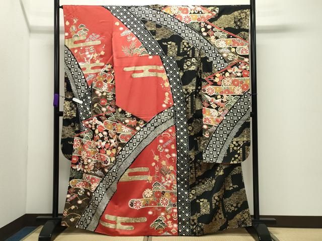 平和屋着物●豪華振袖 駒刺繍 絞り 飛鶴宝尽くし文 金彩 正絹 逸品 CABD8989gh
