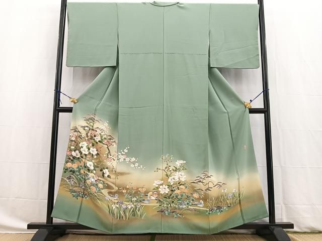 平和屋着物●十日町友禅作家　岡村蒼風　色留訪問着　花鳥文　暈し染め　金銀彩　正絹　逸品　BAAW8276yc
