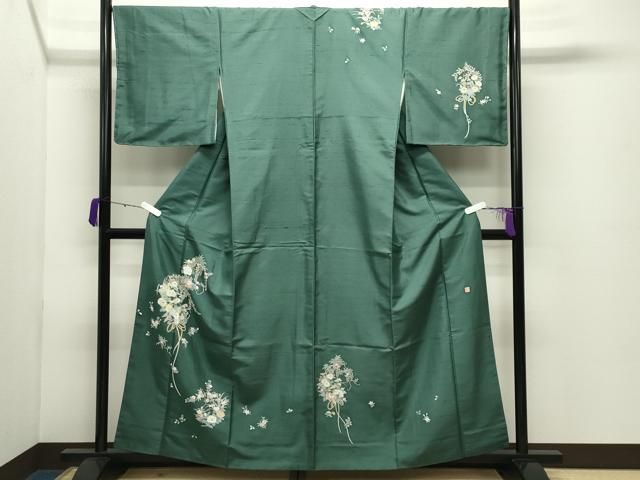 平和屋着物●訪問着 紬地 友禅 作家物 草花文 正絹 逸品 CABD8997gh
