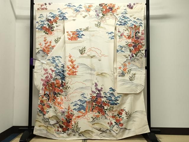 平和屋着物●豪華振袖　駒刺繍　御所車松竹梅文　金彩　正絹　逸品　CABD9000gh