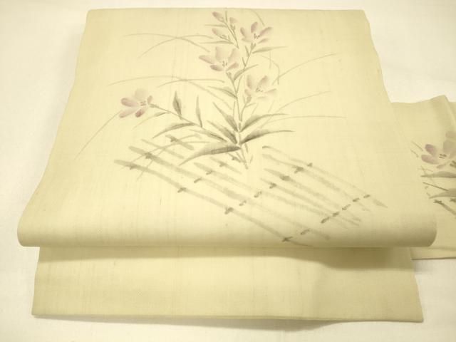 平和屋着物＊夏物　九寸名古屋帯　作家物　手描き　草花文　正絹　逸品　DABC8990cm