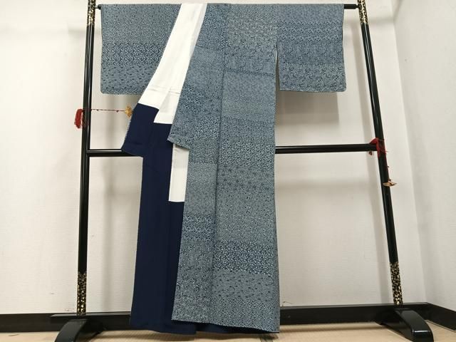 平和屋着物●本藍 小紋 草花文 正絹 逸品 AABH3828ph 平和屋着物●本藍 小紋 草花文 正絹 逸品 AABH3828ph