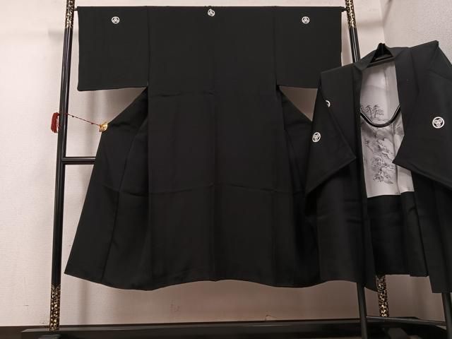 平和屋着物●男性　黒紋付・羽織セット　正絹　逸品　AABH3829ph