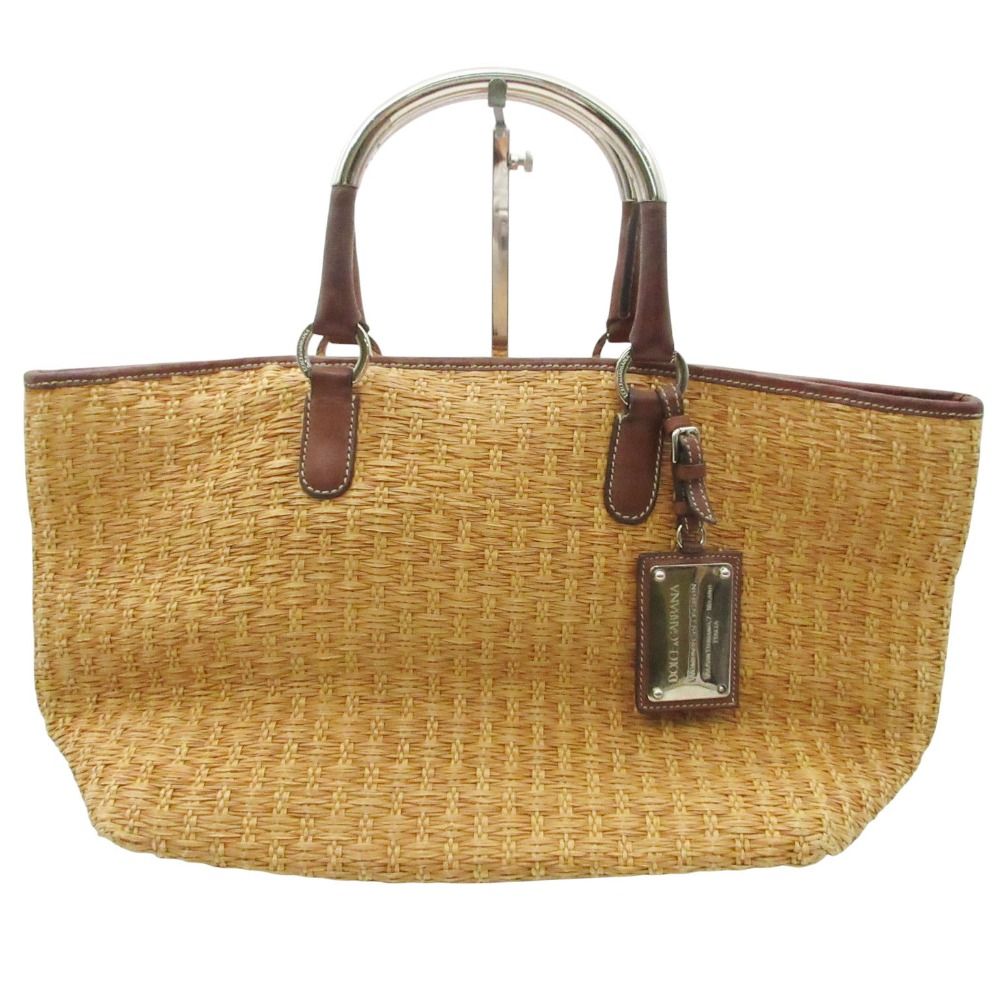 DOLCE&GABBANA ドルチェアンドガッバーナ ストロー トートバッグ かごバッグ MISS ELSIE 裏地レオパード柄 カバン 鞄 ベージュ レディース 【中古】