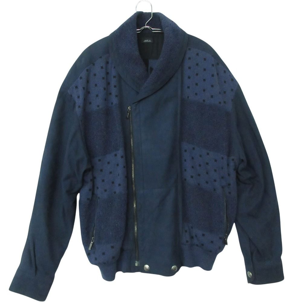 Vintage SELDOM Francois Martin フランソワ マルタン ブルゾン ライダース ジャケット ウール パイル レザー切替 ネイビー 48【L】 メンズ 【中古】