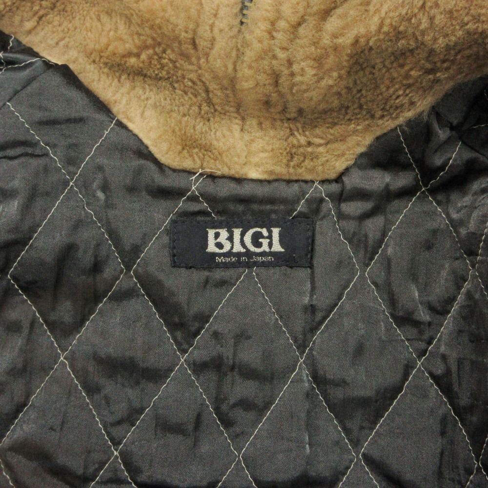 80s BIGI ビギ ブルゾン N-2Bフライトジャケット アウター 牛革 レザー エンブレム ムートンボアフード ブラック メンズ 【中古】
