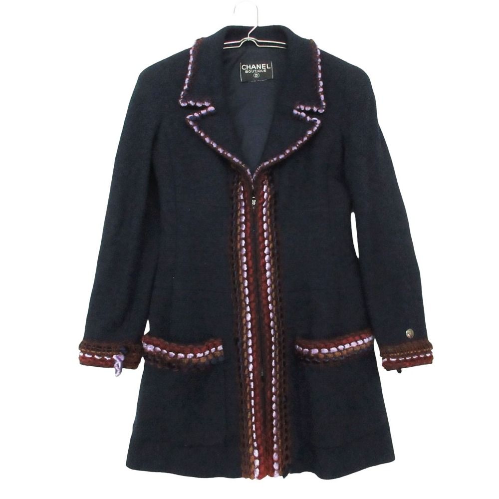 90s Vintage CHANEL シャネル チェスターコート ツイード ジップ ジャケット トリミング アウター ネイビー レディース 【中古】