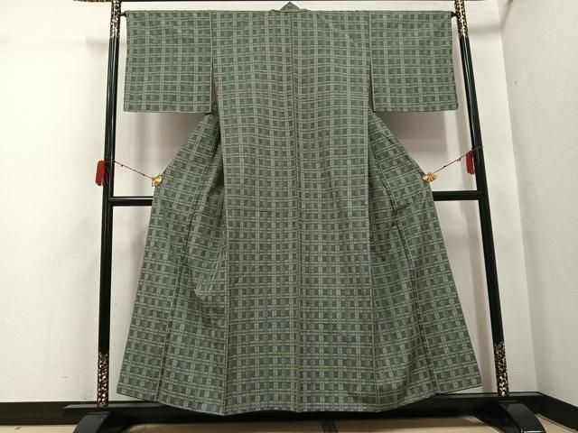 平和屋着物●花織　紬　格子　正絹　逸品　AABH3839ph