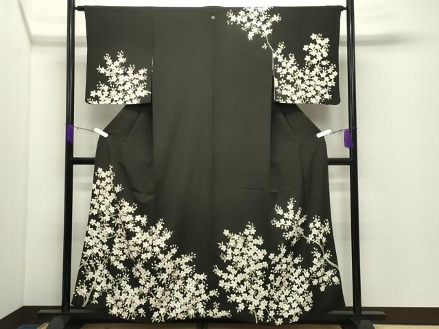 平和屋着物○訪問着 枝桜文 黒地 鬼しぼ縮緬 正絹 逸品 CABD9012gh