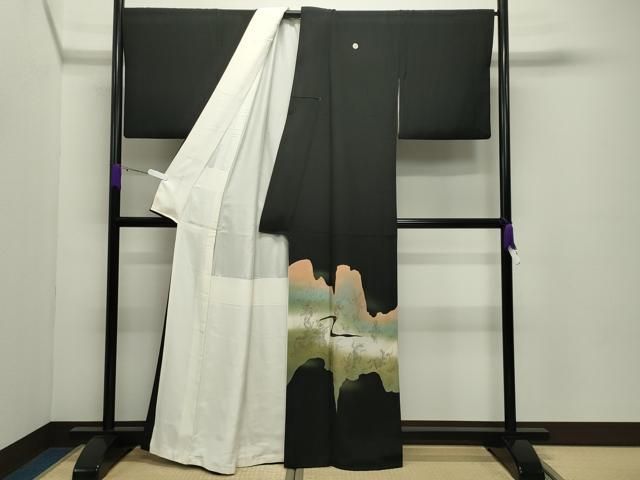 平和屋着物●豪華黒留袖　手描き　鳥獣戯画　暈し染め　金銀彩　正絹　逸品　CABD9013gh
