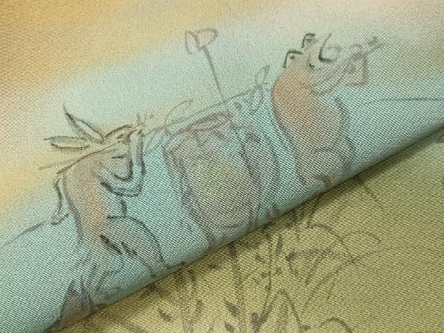平和屋着物●豪華黒留袖　手描き　鳥獣戯画　暈し染め　金銀彩　正絹　逸品　CABD9013gh