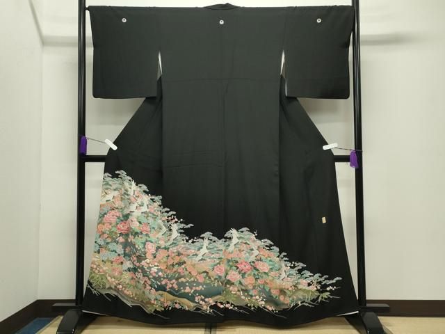 平和屋着物●豪華黒留袖　友禅　作家物　群鶴松竹梅文　暈し染め　正絹　逸品　CABD9014gh