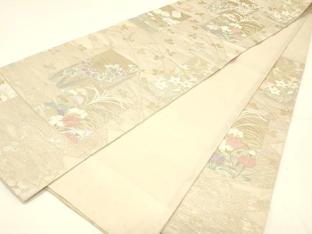 平和屋着物＊夏物　六通柄袋帯　色紙草花文　金銀糸　正絹　逸品　DABC8998cm