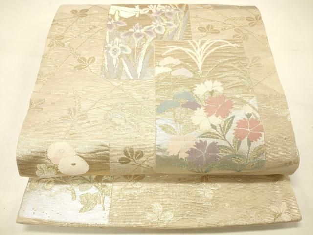 平和屋着物*夏物 六通柄袋帯 色紙草花文 金銀糸 正絹 逸品 DABC8998cm