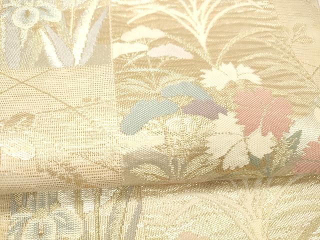 平和屋着物＊夏物　六通柄袋帯　色紙草花文　金銀糸　正絹　逸品　DABC8998cm