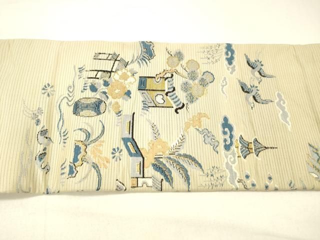 平和屋着物＊夏物　アンティーク　大正ロマン　九寸名古屋帯　風景飛鳥草花文　金糸　正絹　逸品　DABC9000cm