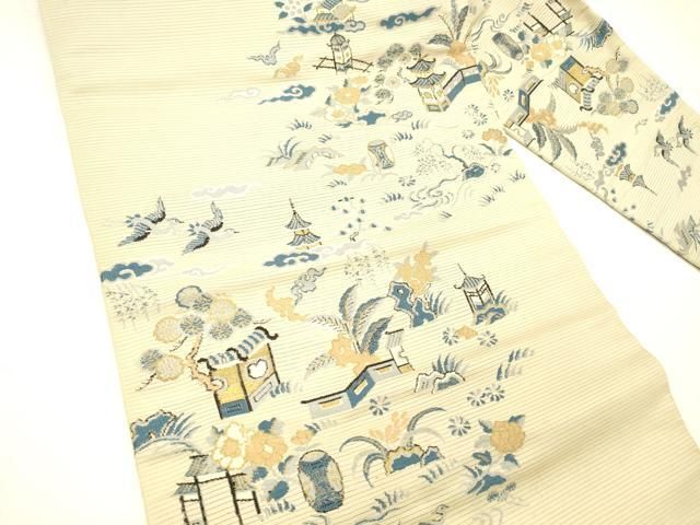 平和屋着物＊夏物　アンティーク　大正ロマン　九寸名古屋帯　風景飛鳥草花文　金糸　正絹　逸品　DABC9000cm