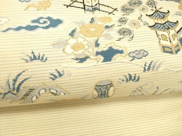 平和屋着物＊夏物　アンティーク　大正ロマン　九寸名古屋帯　風景飛鳥草花文　金糸　正絹　逸品　DABC9000cm