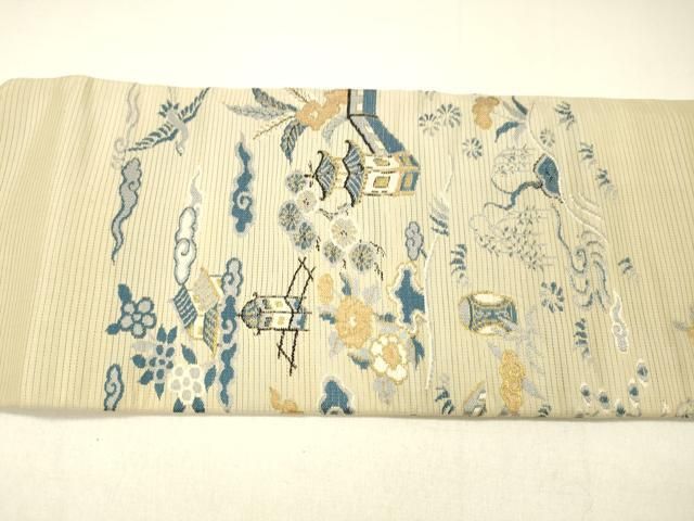 平和屋着物＊夏物　アンティーク　大正ロマン　九寸名古屋帯　風景飛鳥草花文　金糸　正絹　逸品　DABC9000cm
